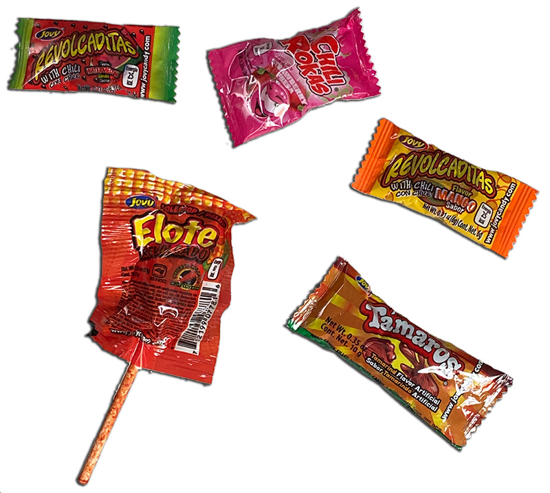 Jovy candy packages, including Elote, Revolcaditas, Chili Rokas and Tamaros.