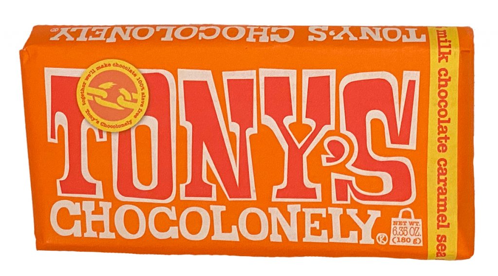Tony's chocolonely milk chocolate caramel sea salt candy bar package